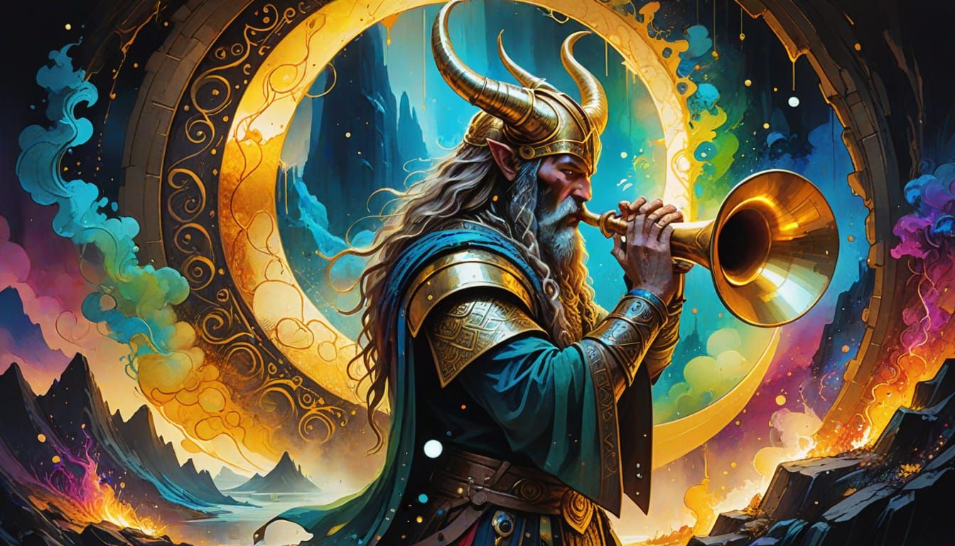 Heimdallr Blows the Gjallarhorn to Signal Ragnarok in Vibran...