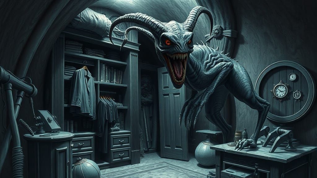 Weirdling Shade Observes Closet: Hyperdetailed Ink Drawing