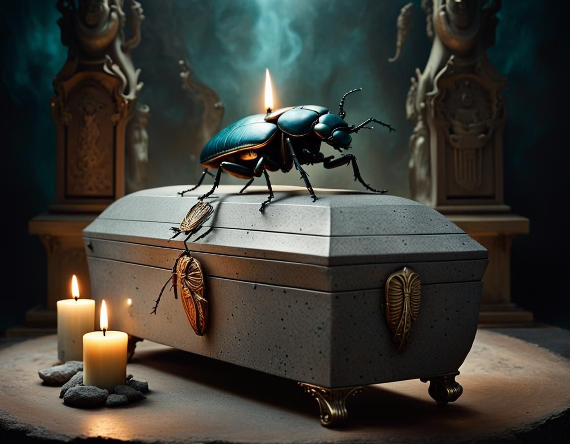 Scarab Beetle on Stone Coffin with Candles