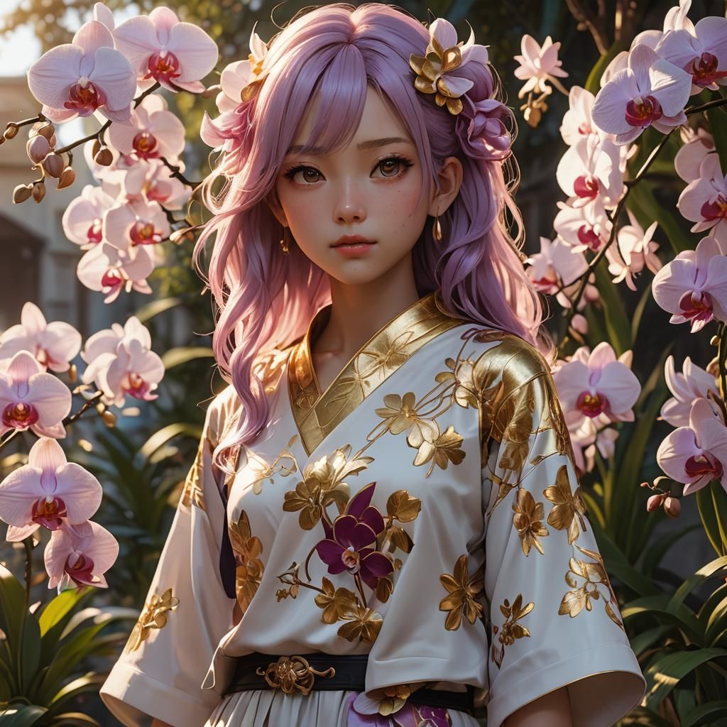 Orchid-Haired Girl at Golden Hour in Anime Style