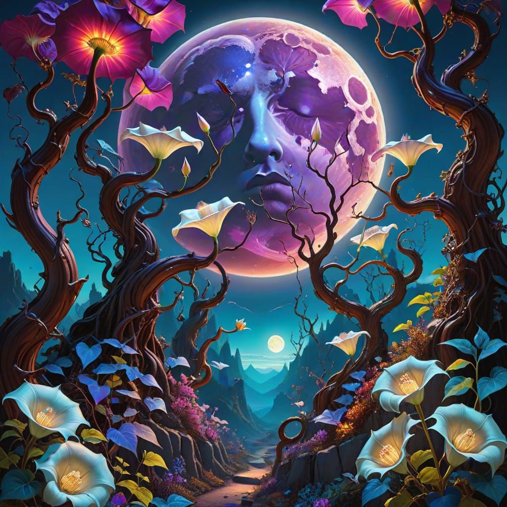 Surreal Blood Moon Illuminates Vibrant Moonflower Forest