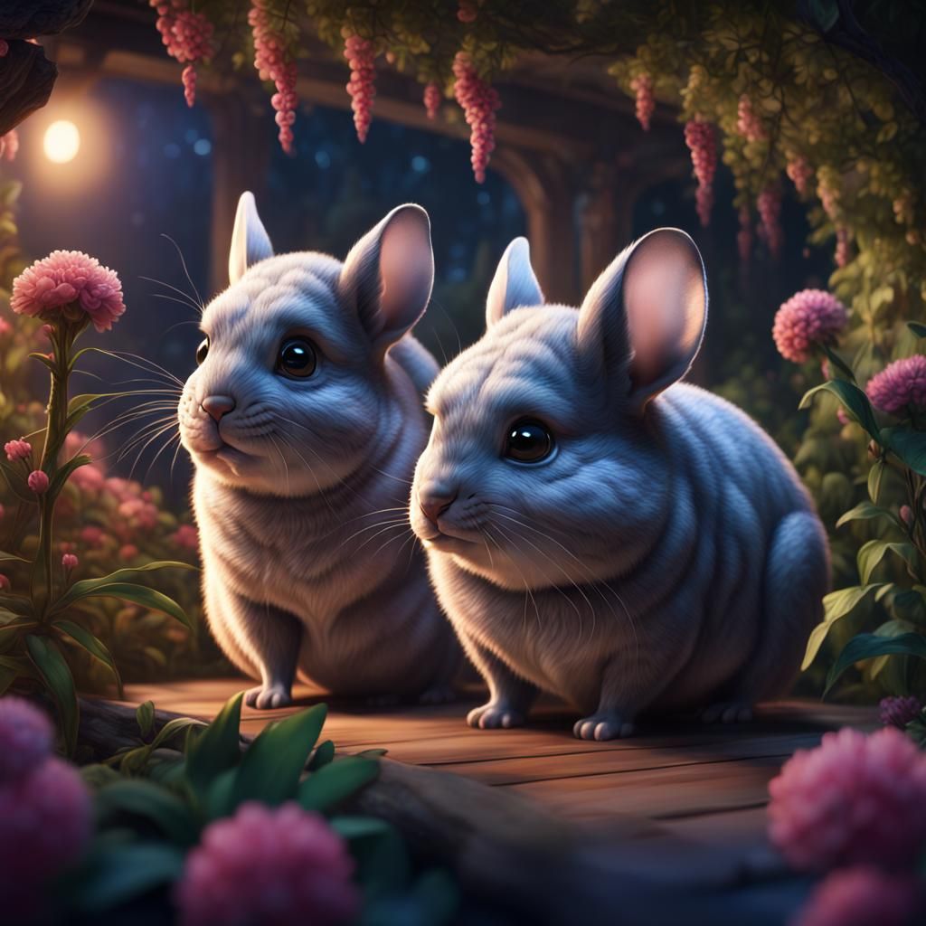 Chinchillas Admire a Night Garden, Detailed Matte Painting