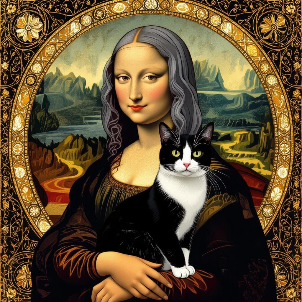 Mona Lisa with Cat in Klimt Style