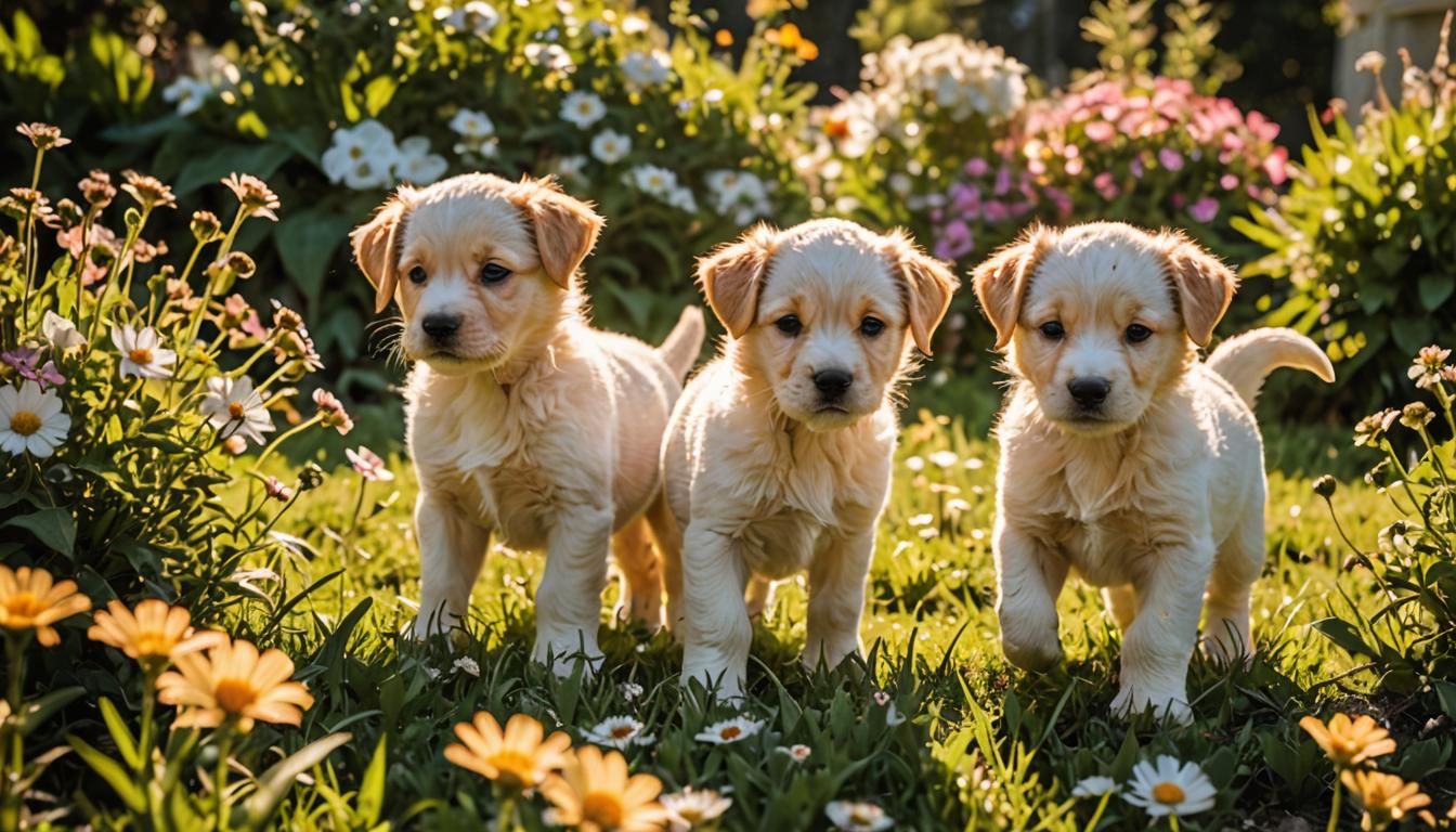 Puppies Play in Sunny Garden: High-Contrast Photo