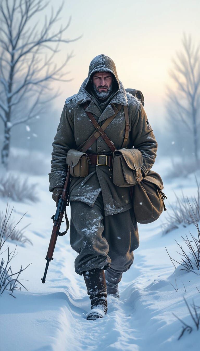 WW2 Soldier in Snowy Landscape, Cold Winter Dawn