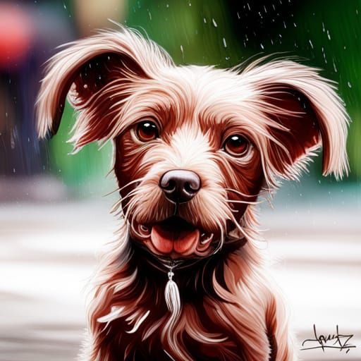 Adorable Puppy in Rain, Hyperreal Splash Art