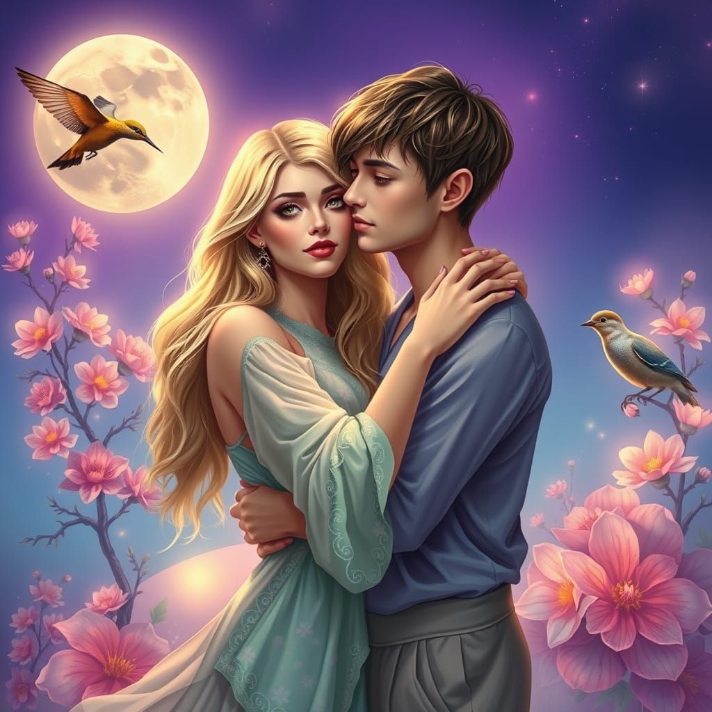 Ethereal Embrace Under Moonlight: A Fantasy Scene