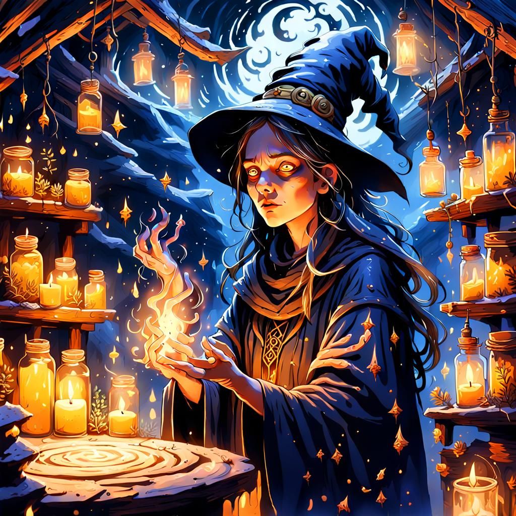 Mystical Witch in Hut: Ethereal Fantasy Art