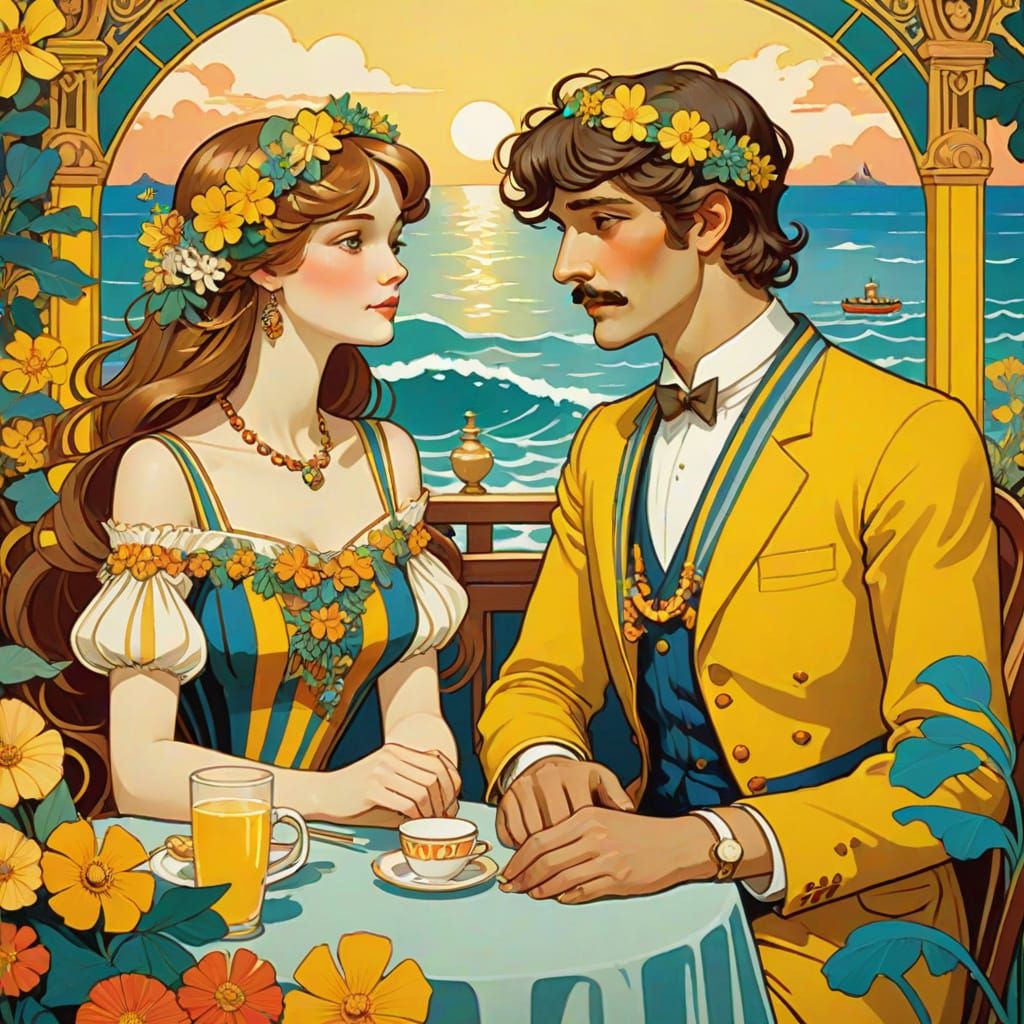 Art Nouveau Cafe Scene with Yellow Submarine