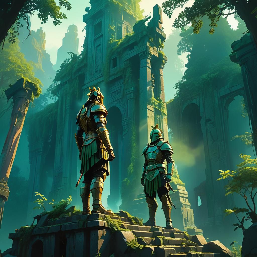 Mystical Warrior in Ancient Ruins, Fantasy Art