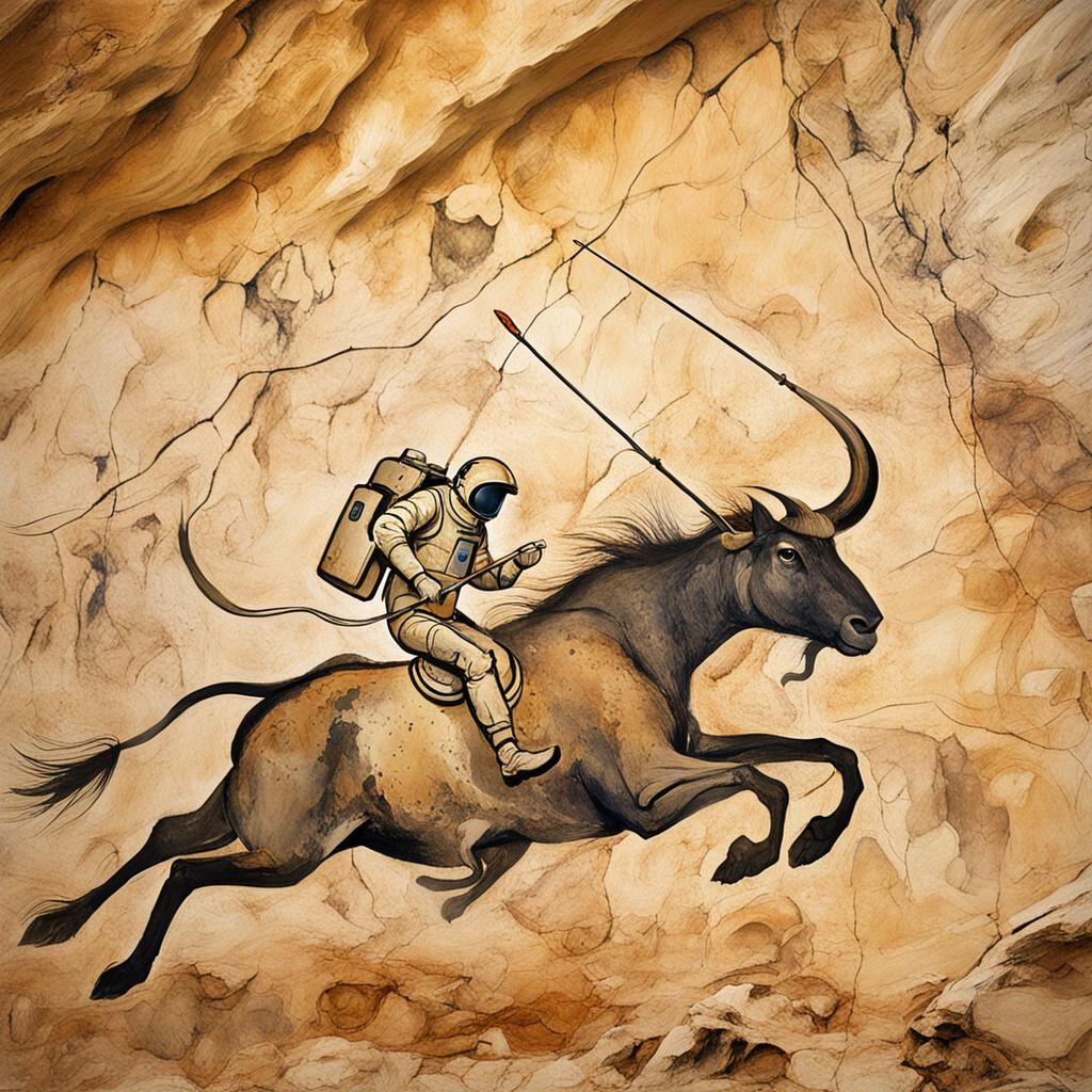 Astronaut Auroch Hunt in Chauvet Cave Style
