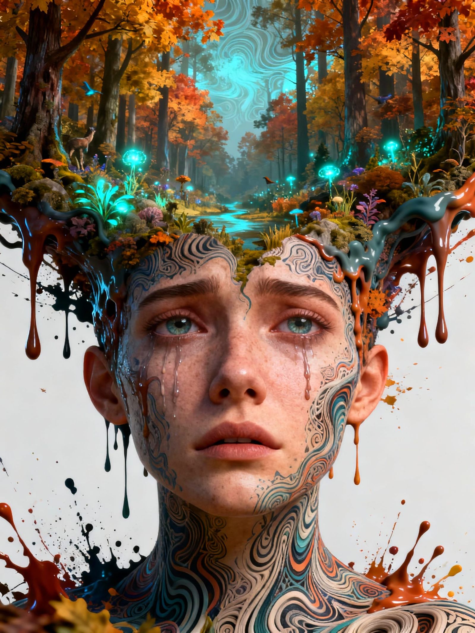 Sorrowful Face Merged with Autumn Forest Fractal Landscape