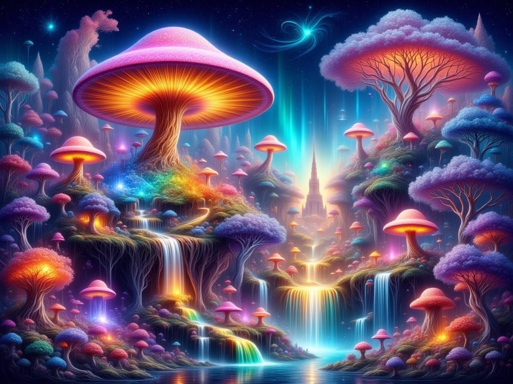 Surreal Cityscape of Iridescent Mushrooms and Vibrant Trees