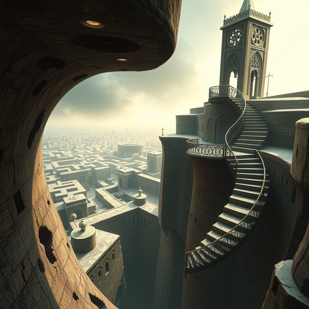 Escher-Inspired Labyrinthine Dreamscape with Impossible Geom...