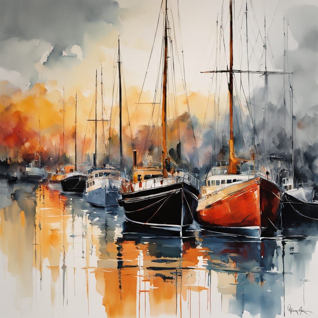 Vibrant Harbor Scene Digital Painting with Sailing Ships