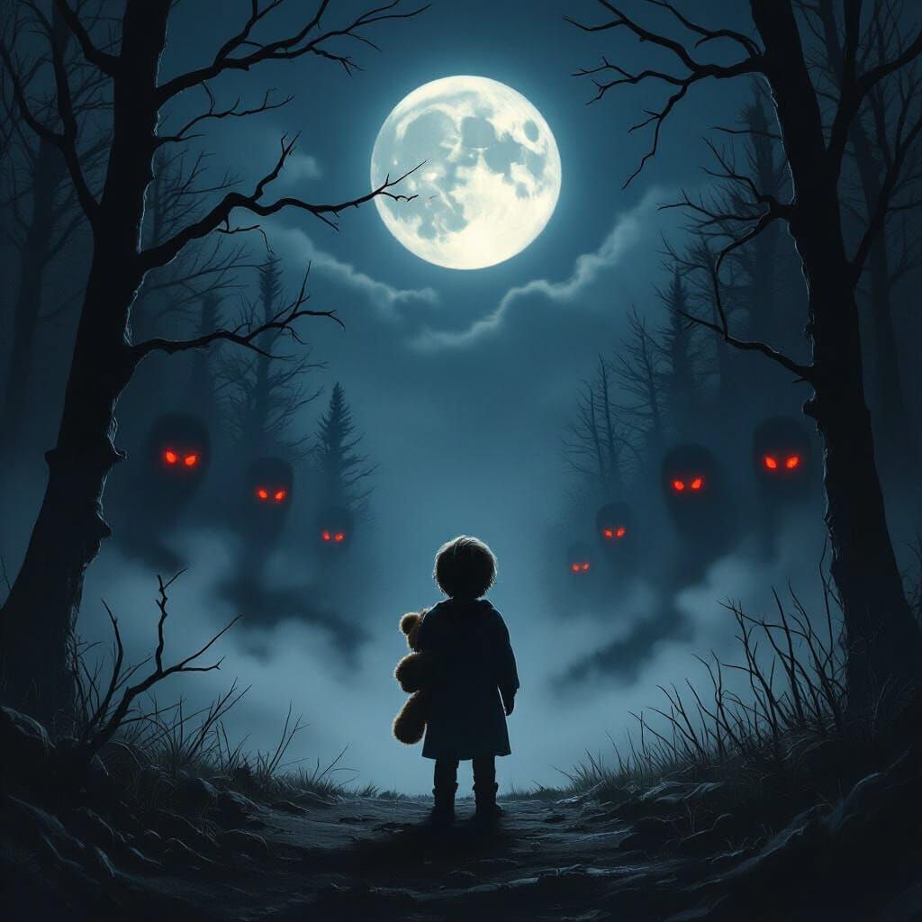 Child and Teddy Bear Face Ominous Forest Under Full Moon
