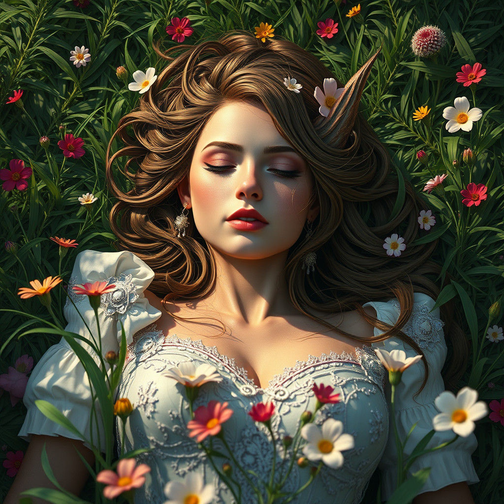 Woman in Flower Field: Detailed Fantasy Art