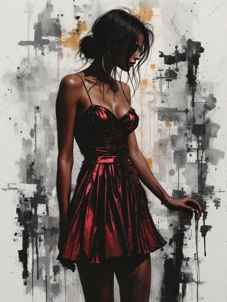 Urban Solitude: Italian Woman in Maroon Skirt, Street Art St...