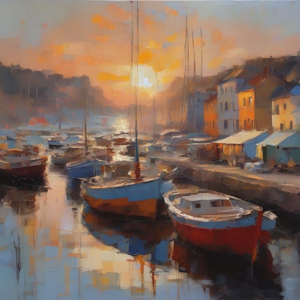 Fantasy Harbour at Sunset in Impasto Acrylic Style