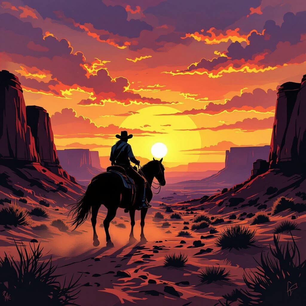 Cowboy Riding Horse at Desert Sunset in Comic Art Style