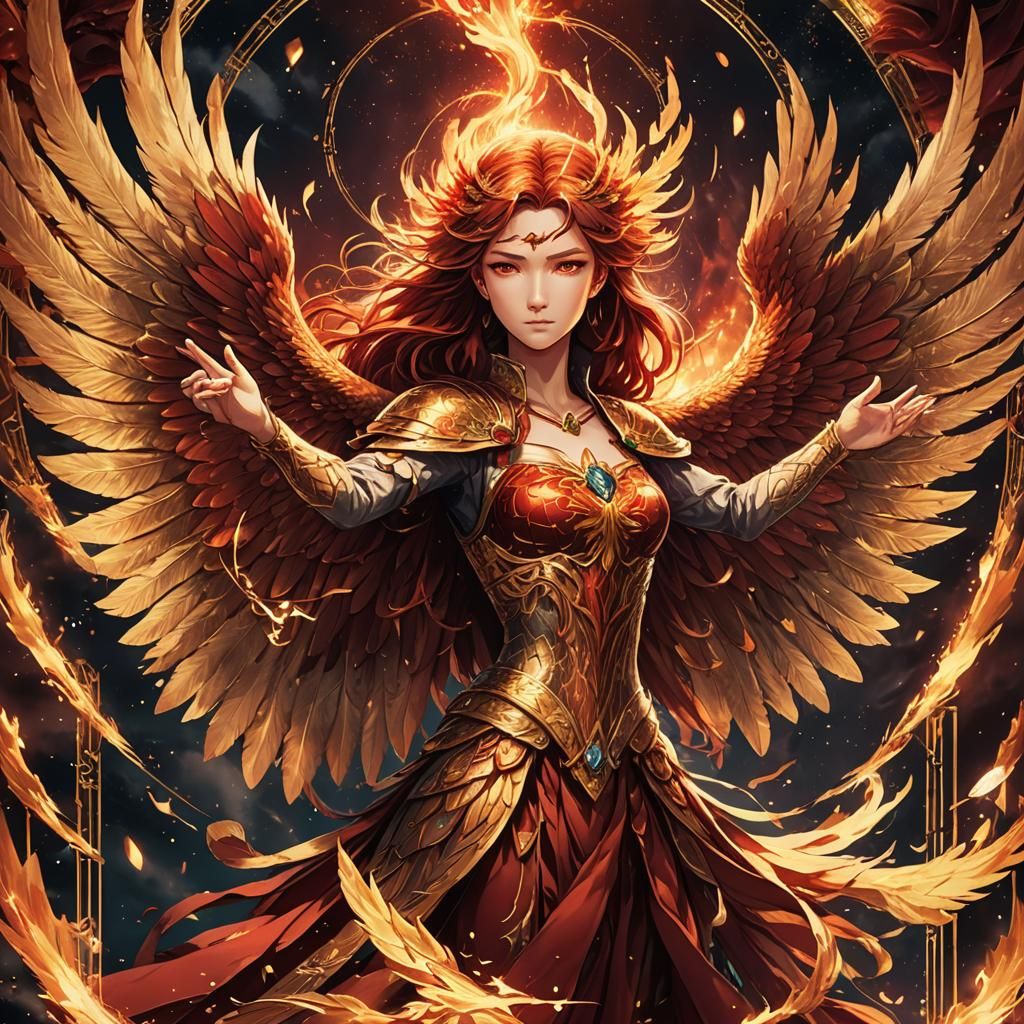 Anime Phoenix Tarot Card with Fiery Sparks