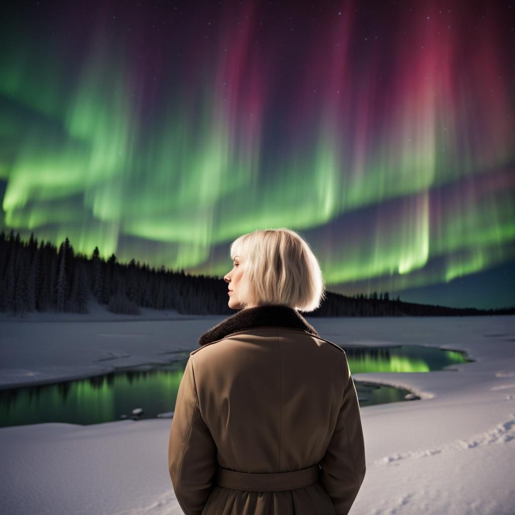 Woman Watches the Northern Lights Display