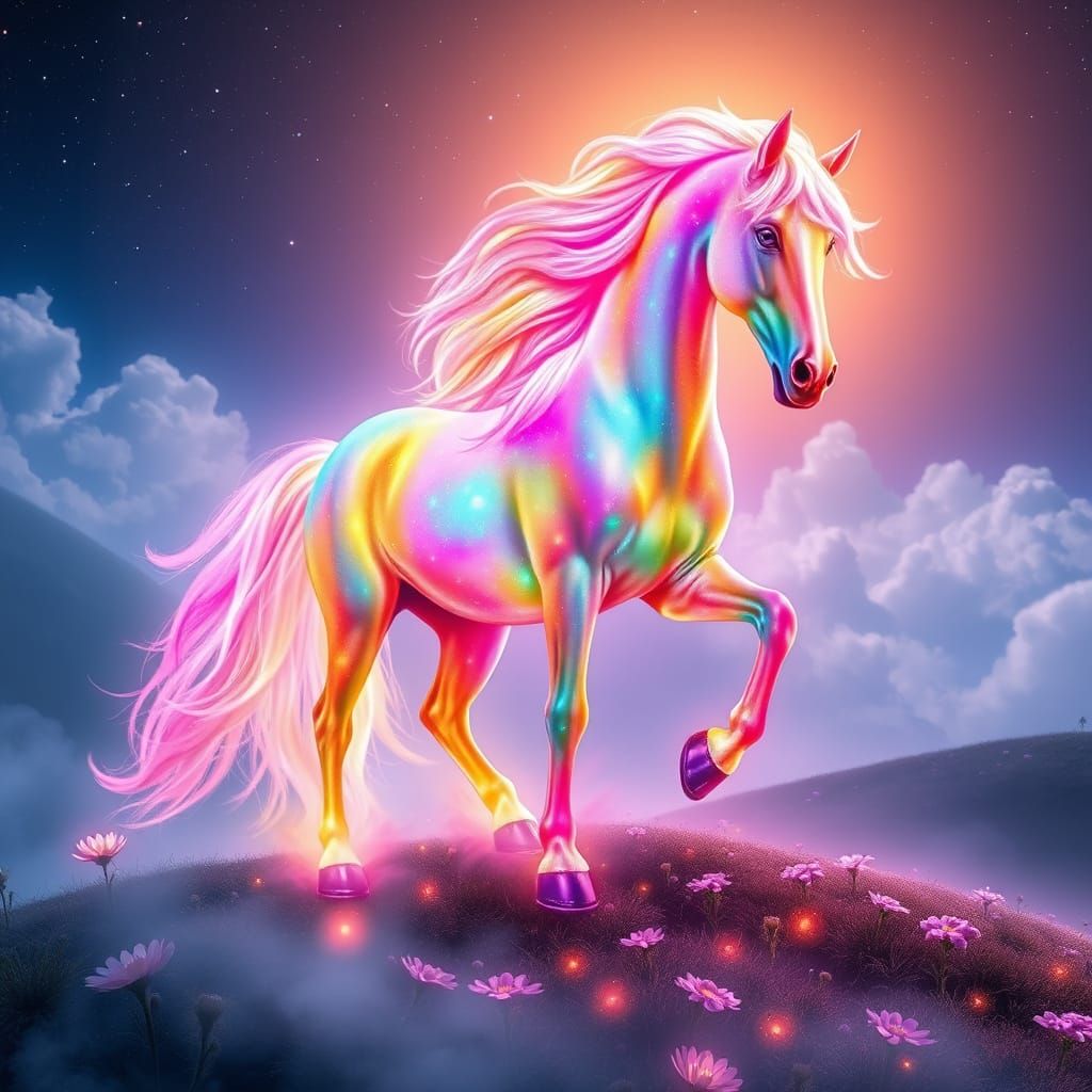 Majestic Rainbow Horse in Misty Aurora Landscape