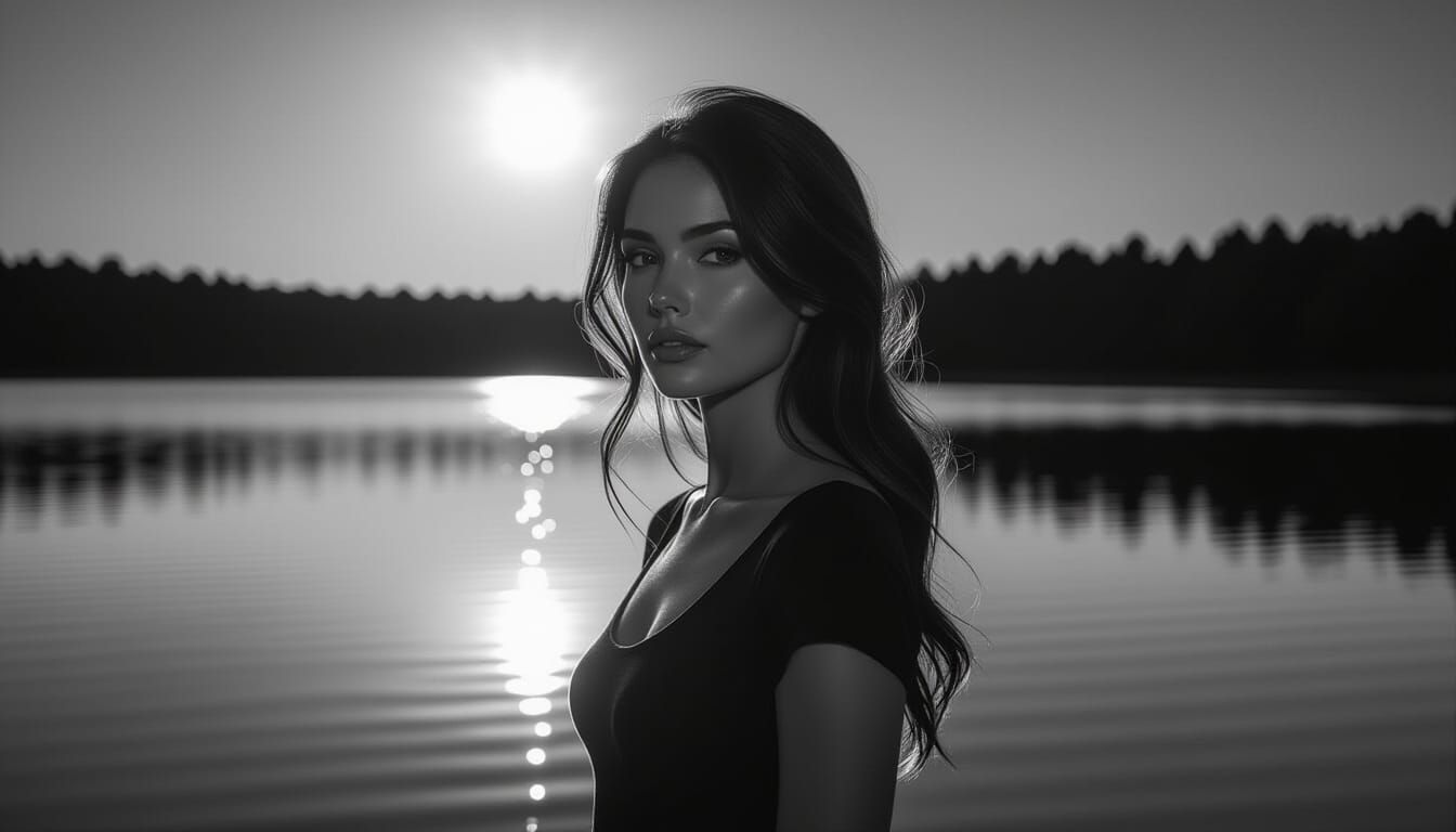 Woman Silhouetted by Moonlight at Calm Lake