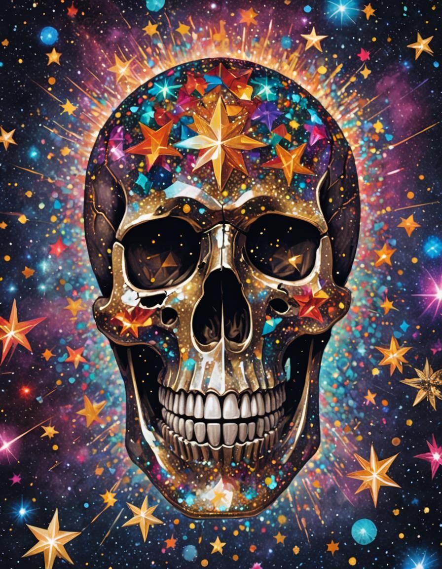 Glittering Crystal Skull in Starry Galaxy: Art Deco Style