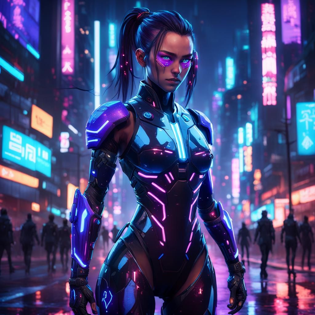 A cyber warrior in The Matrix with a sleek form-fitting tech...