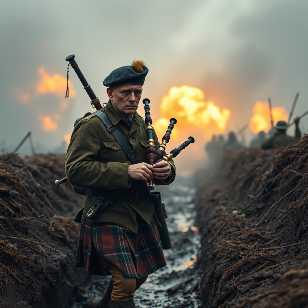 Bagpiper Plays Amidst WWI Chaos: Matte Painting