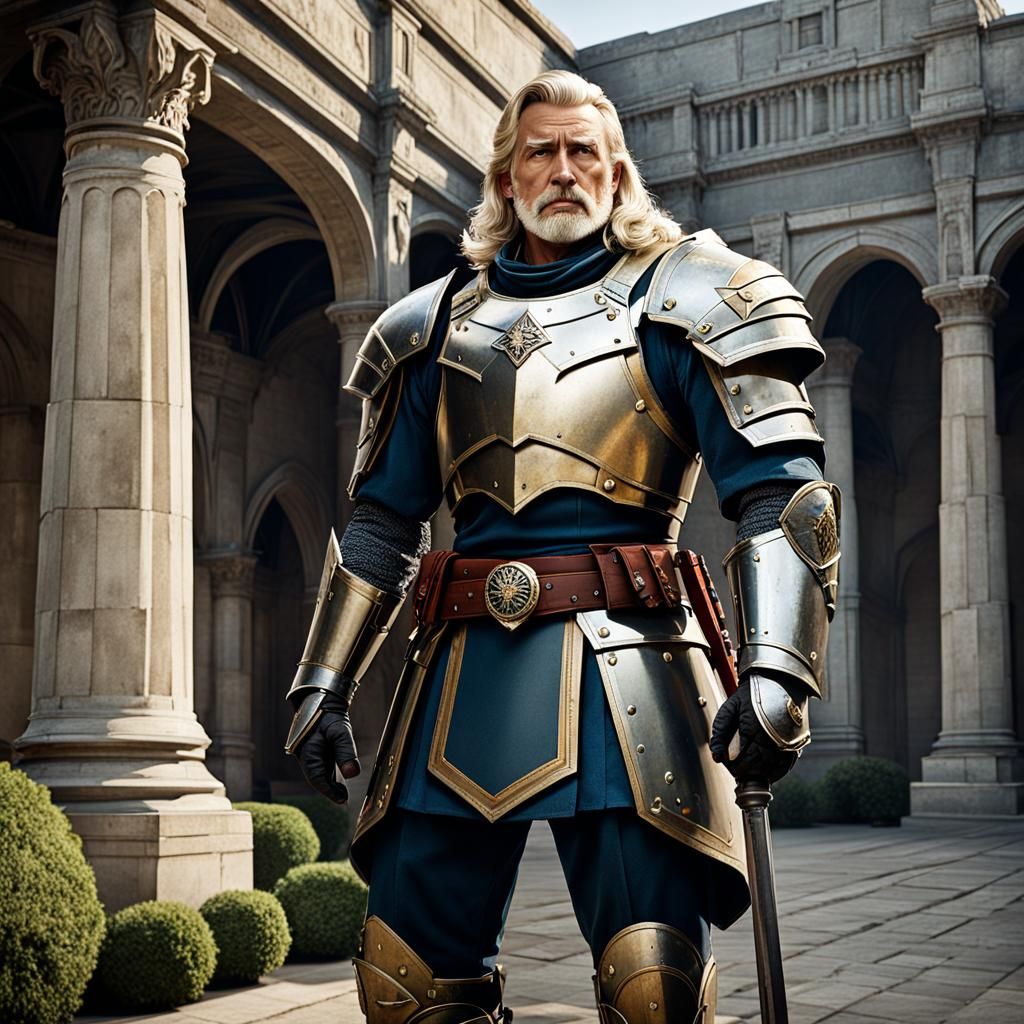 Armored Veteran Warrior in Palace Courtyard
