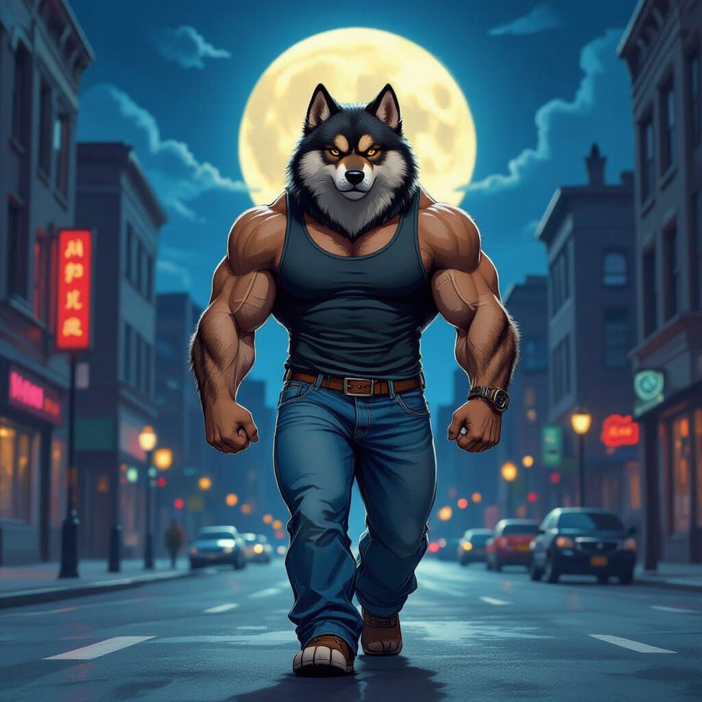 an image of a dog in the style of furry type art. He is walk...