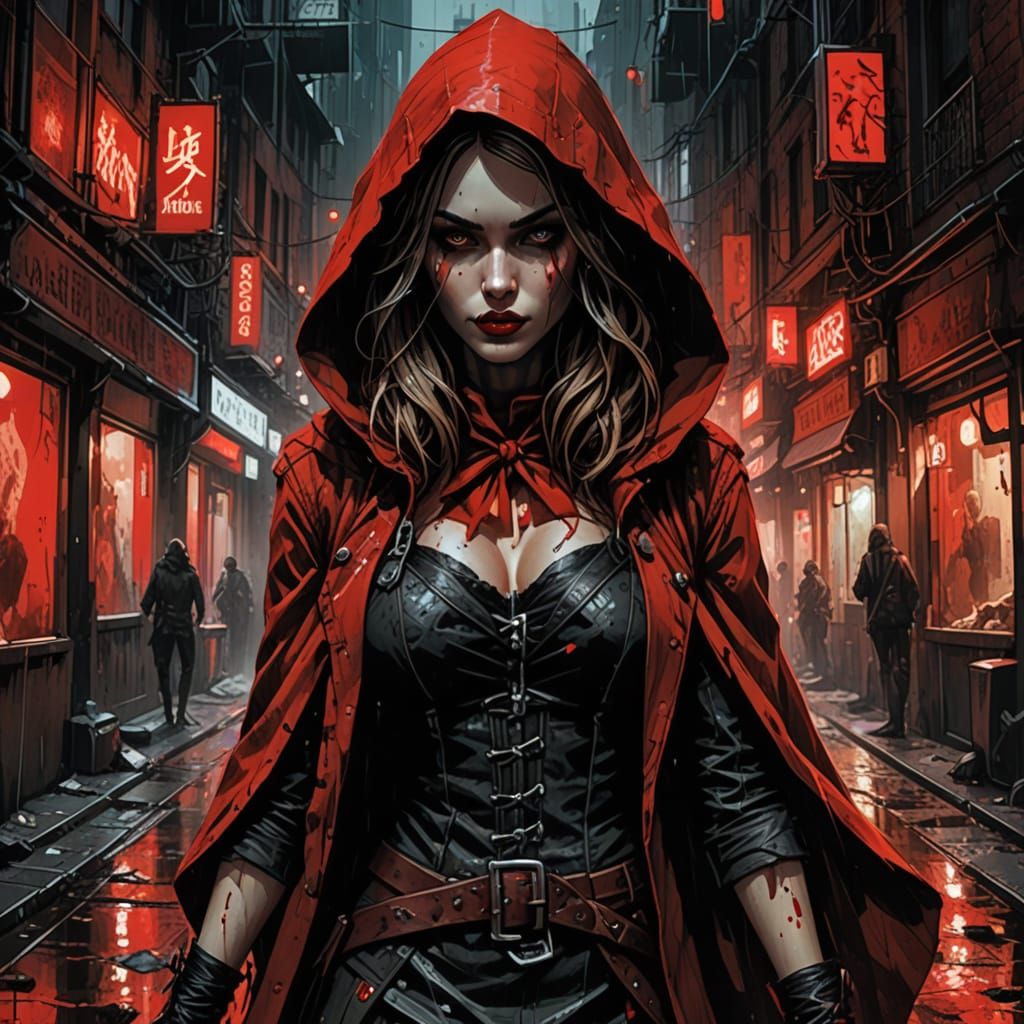 Dark Fantasy Red Riding Hood in Gritty Red Light District