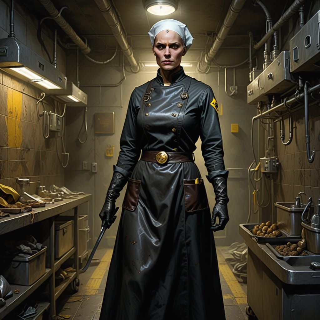 Stern Female Nurse in Dark Underground Hospital Ward