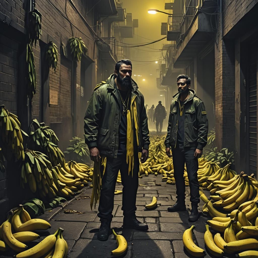 Superheroes Versus Nefarious Bananas in Dark Alley