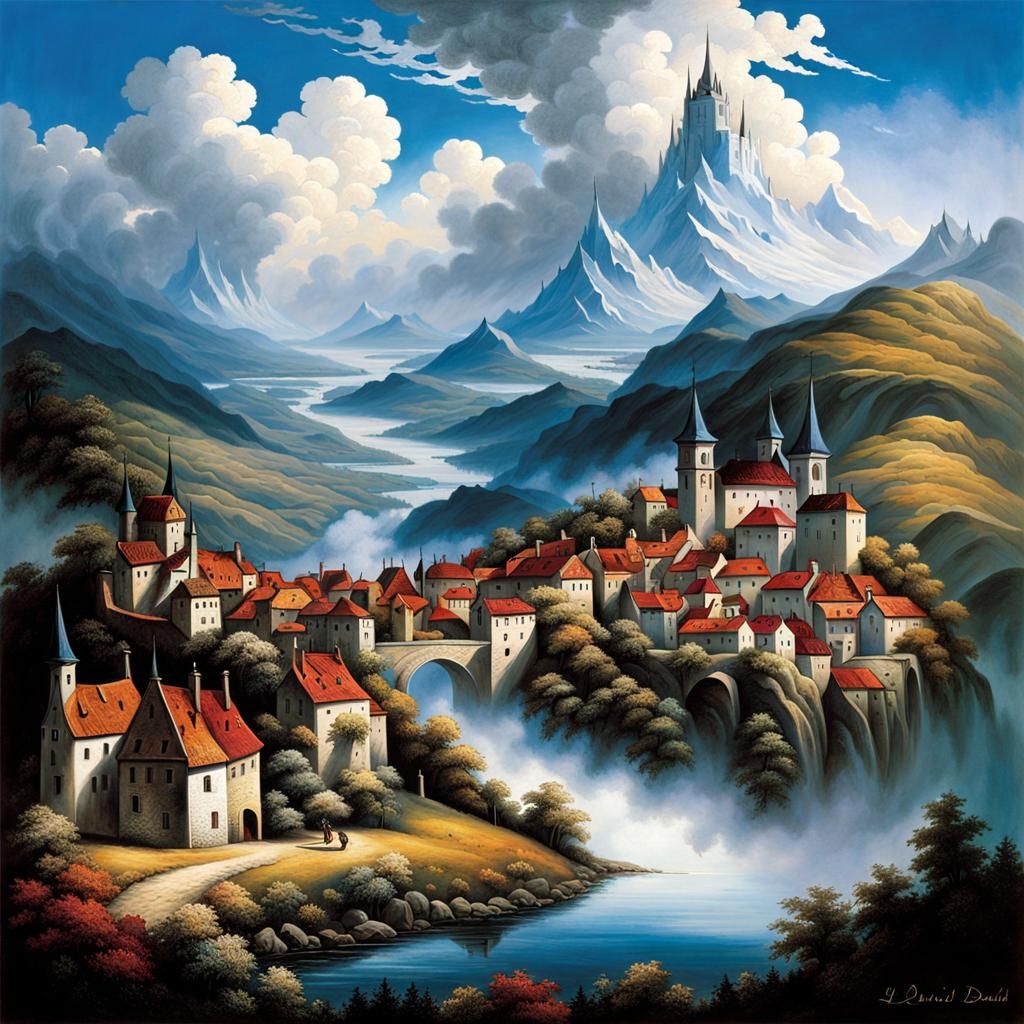 Surreal Medieval Town with Swirling Magic Landscape