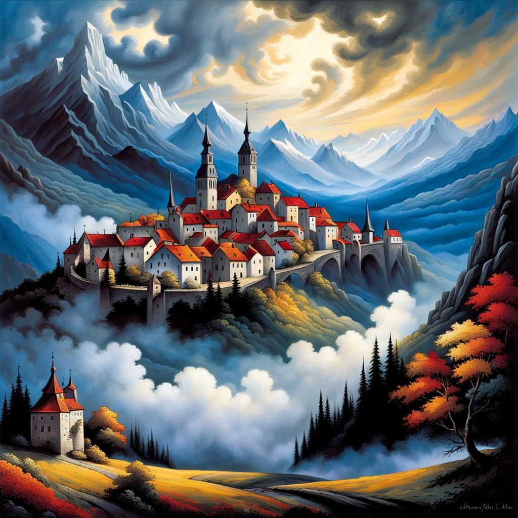 Surreal Medieval Landscape with Swirling Clouds