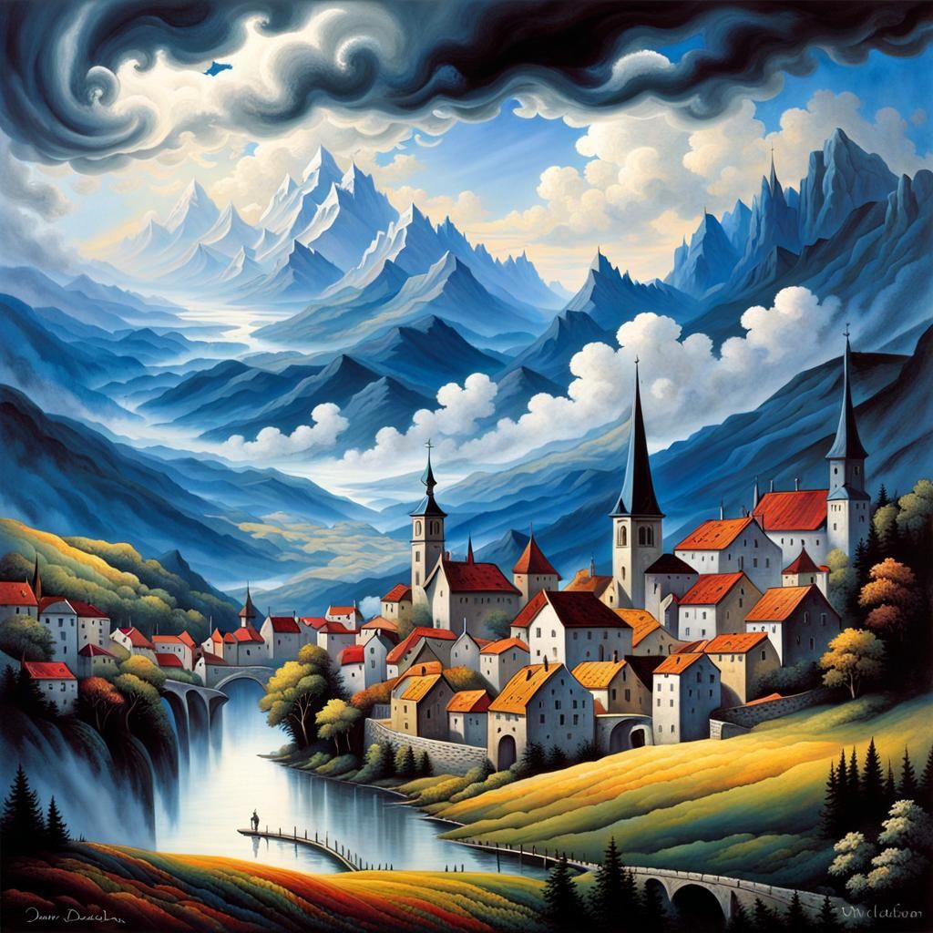 Surreal Medieval Town Landscape with Swirling Clouds