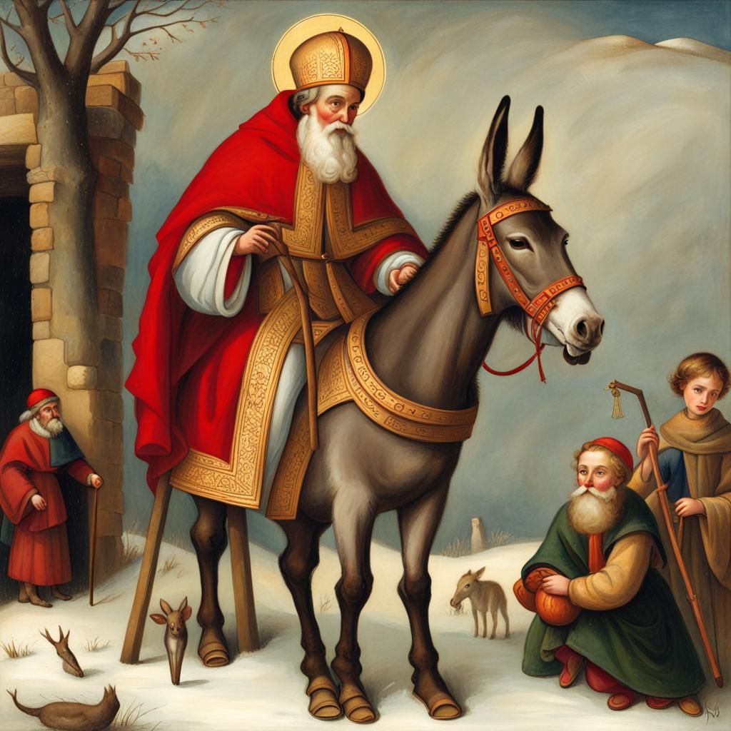 Saint Nicholas and his donkey