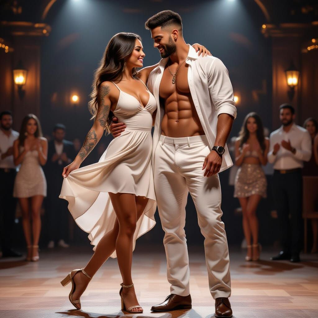 Couple Dancing Intimately Under String Lights