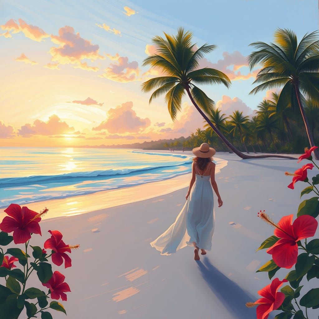 Woman Walking Along Tranquil Beach at Sunset in Impressionis...