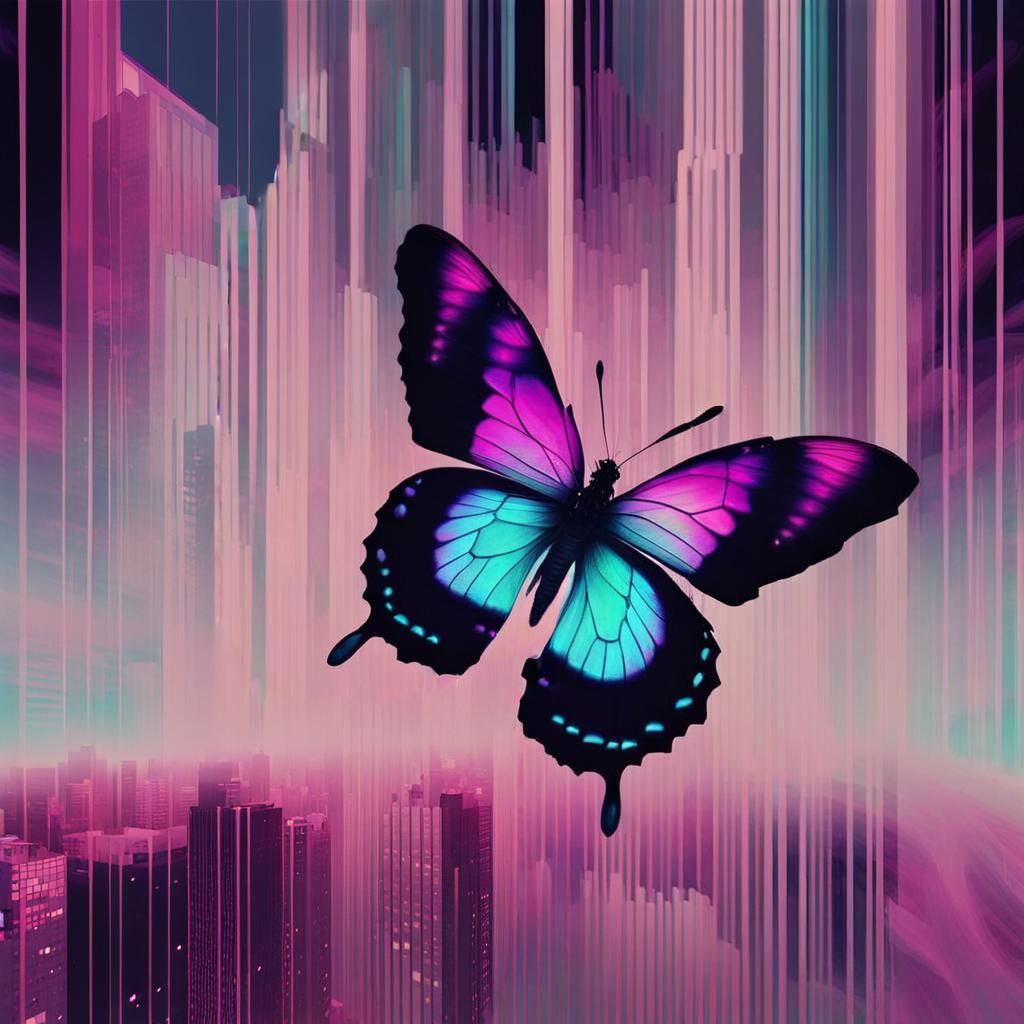 Dystopian Vaporwave Cityscape in Glitch Aesthetic