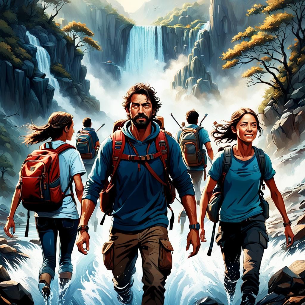 Happy Hikers Around Campfire, Hyperrealistic Image