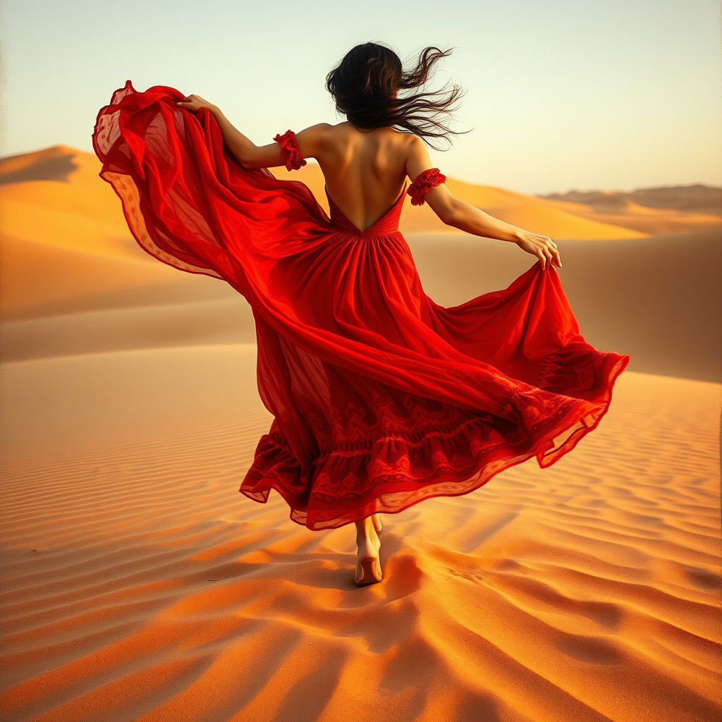 Flamenco Dancer in Desert Landscape with Swirling Sand