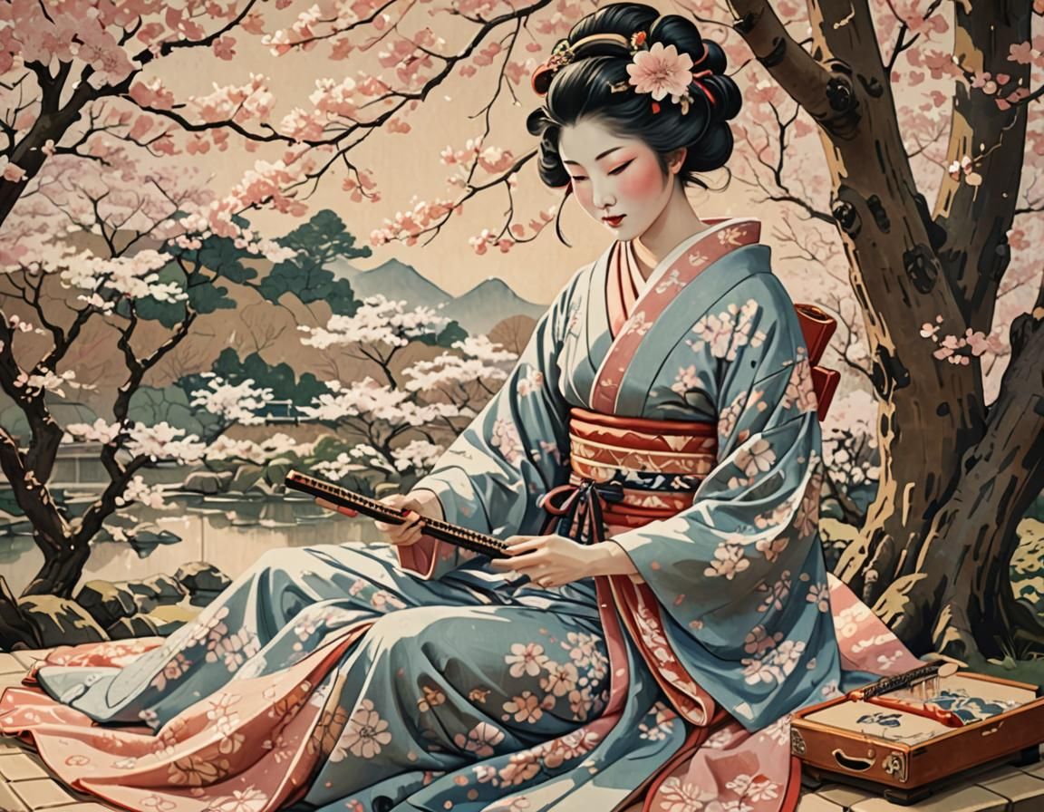Geisha in Cherry Garden: Ukiyo-e Style Woodblock Print