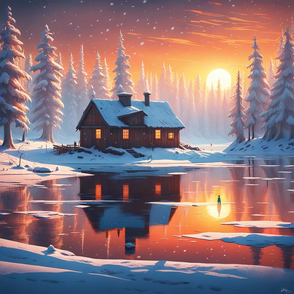 Icy Lake Hut in Winter Sun: Matte Painting