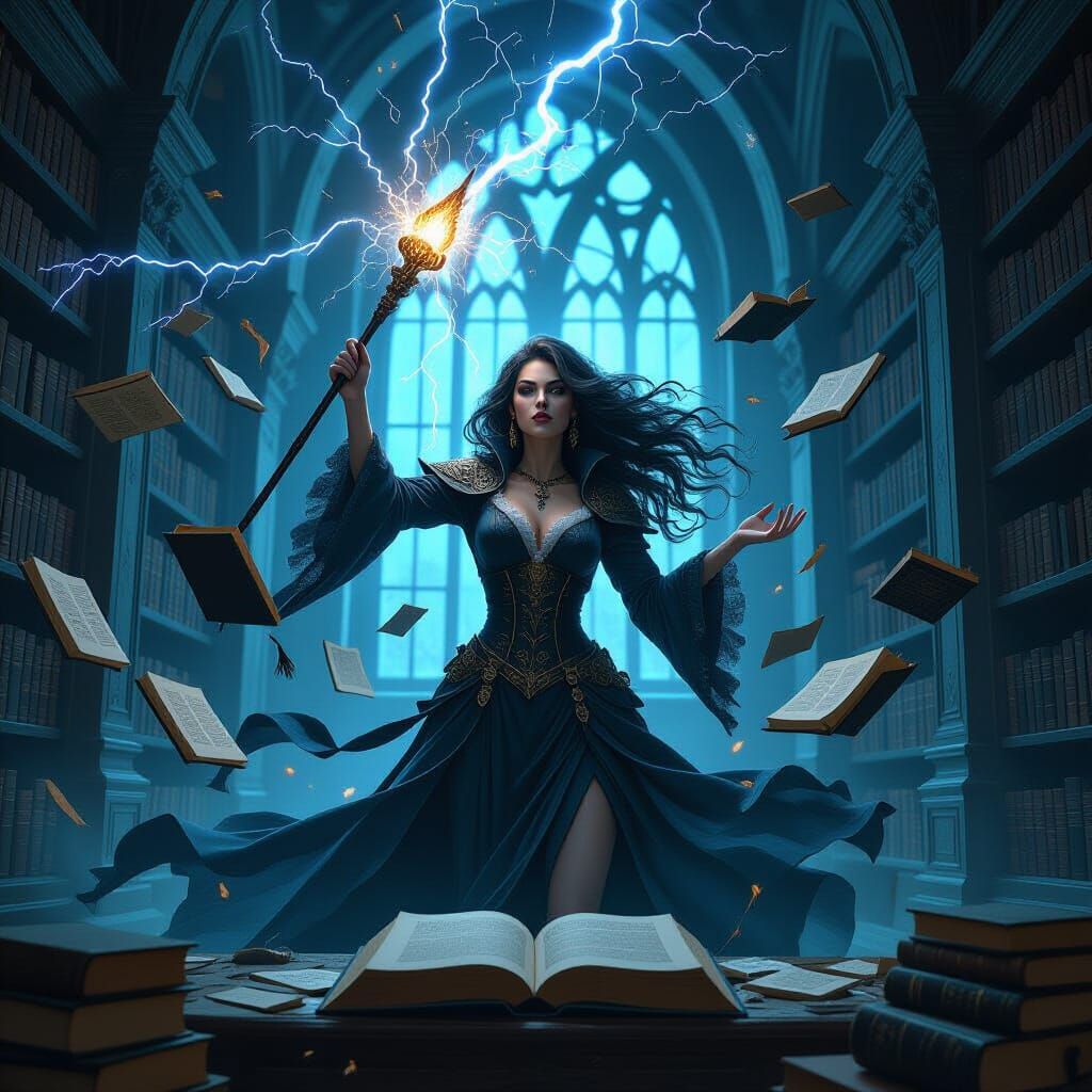 Enchantress Conjures Arcane Storm in Gothic Library