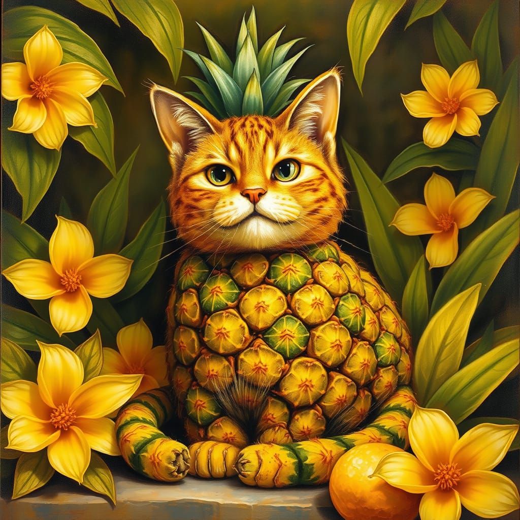 Whimsical Pineapple Cat in Tropical Oasis