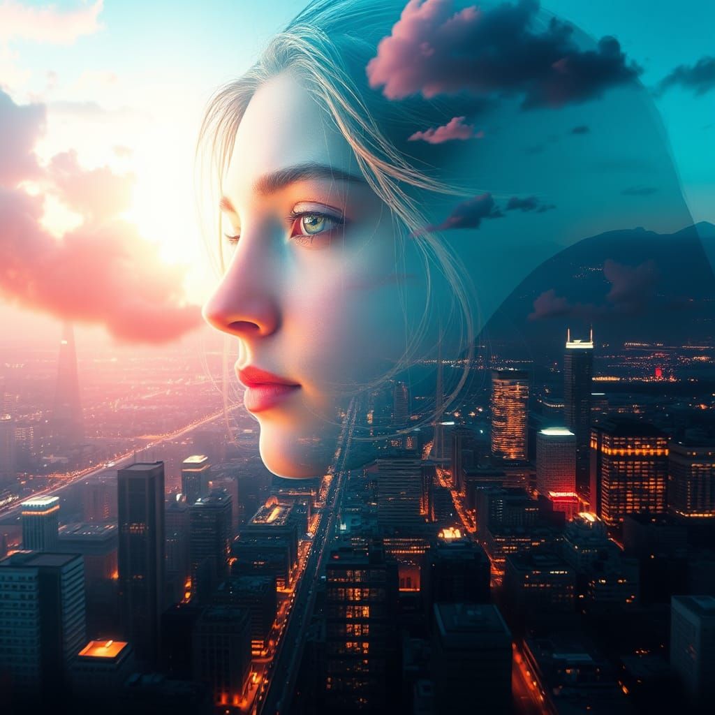 Nordic Goddess Sol Wakes the World: Double Exposure Portrait